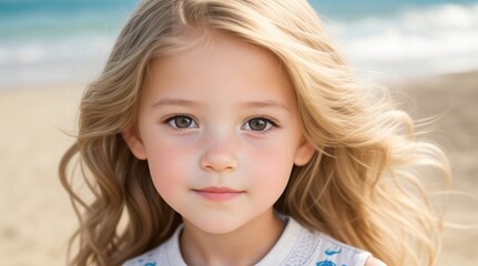 portrait of a young girl, perfectly capturing her innocence and charm on a sunny day at the beach, generative AI
