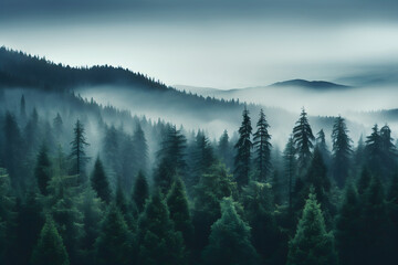 Misty landscape with fir forest background