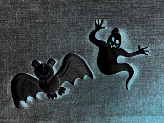 Flying bat and ghost opening arms coming to you, black and blue background in Halloween
