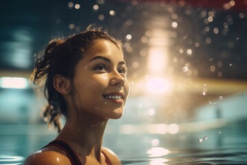 close up of a latin girl in the water  a swimming pool indoors - obrazy, fototapety, plakaty