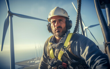 Obraz premium A worker standing on top of a wind turbine with a harness