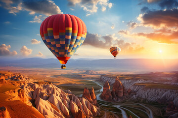 hot air balloon flying over spectacular Cappadocia , trendy, 3d rendering, AI generative