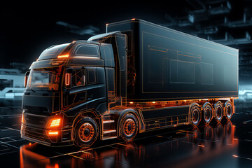 3D illustration of a wireframe futuristic truck with a trailer  - obrazy, fototapety, plakaty