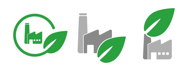 Obraz premium Green eco factory industry manufacture chimney industrial icon set symbol clean renewable leave graphic illustration