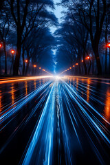 Blue car lights are seen at night due to a long exposure 