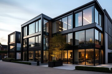 Modern contemporary building with sleek black frame aluminium windows. Generative AI - obrazy, fototapety, plakaty