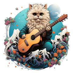 A dynamic persian cat guitar t-shirt design featuring a guitarist on an otherworldly floating island, Generative Ai