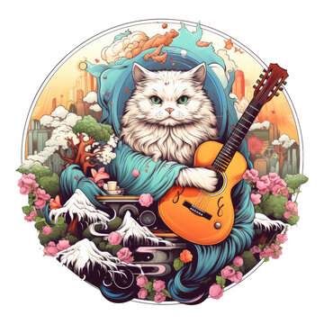 A whimsical persian cat guitar t-shirt design set in a dreamy world of floating islands, Generative Ai