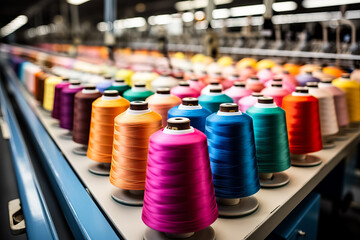 Colorful thread reels at modern automated sewing or embroidery machine in textile factory 