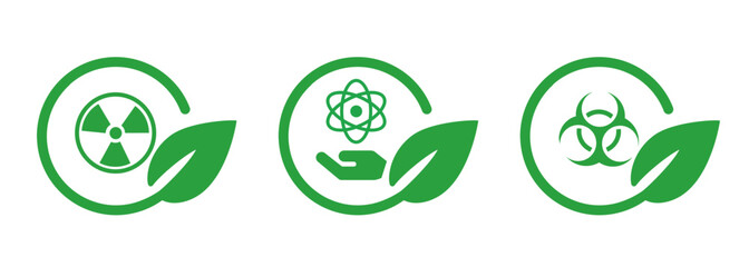 Hazardous biological biohazard atomic radioactive green leaf leaves set icon of green safe eco friendly symbol - obrazy, fototapety, plakaty