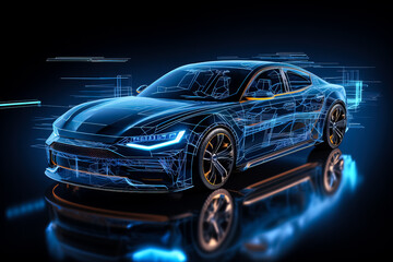 Frontside futuristic AR car wireframe concept featuring an augmented reality wireframe of a car with a blue background 