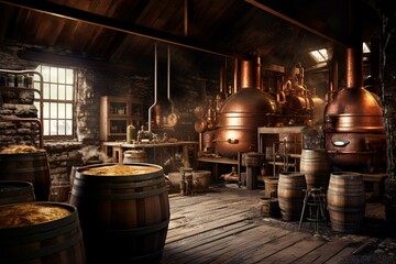 Image of an old-fashioned whisky distillery with copper stills, barrels, and containers. Generative AI