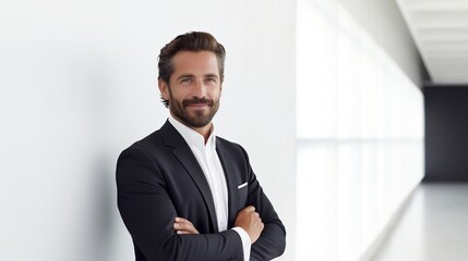 Fototapeta premium Portrait of confident businessman with arms crossed looking at camera in office