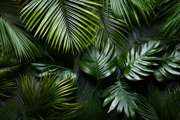 Palm tree leaves create a texture overlay surrounded by fresh green tropical plants on a white background 