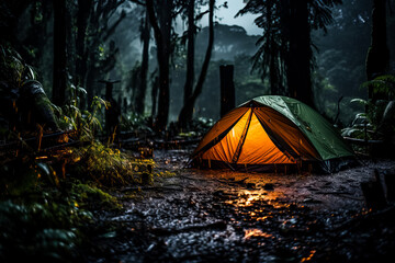 Rain on tent in forest tranquil night for peaceful camping and relaxing meditation in tropics  - obrazy, fototapety, plakaty