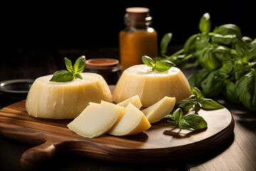 Smoked scamorza cheese displayed on a cutting board 