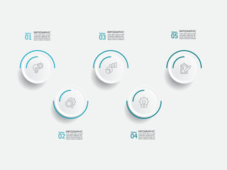 horizontal circle round steps timeline infographic element report background with business line icon 5 steps