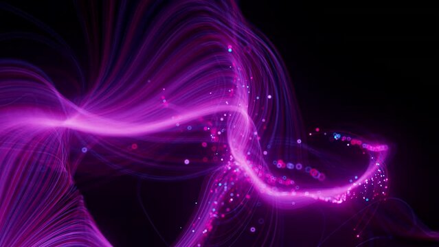 Futuristic stream of neon rays. Optical fibers with data signals. Particle trails background. Communication and technology concept.