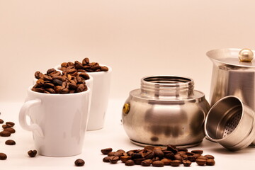 Close-up of coffee beans on white background