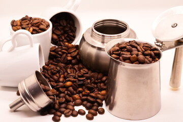 Close-up of coffee beans on white background