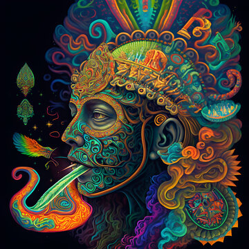 Ayahuasca vison of an Indian head painted in the Mexican art style