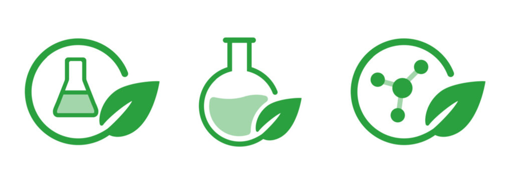 Bio chemistry biotechnology molecule herb scientific pharmacy lab flask research green leaf leaves set icon