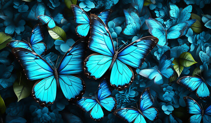 Background with many blue butterflies. AI generated
