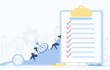 Business ideas and schedule plans concept. Business people with to do list template, reminder, assignment, appointment and checklist. Flat vector design illustration with copy space.