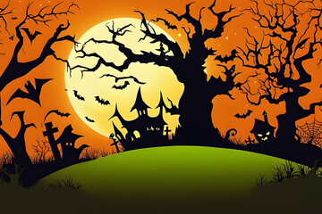 Halloween Hintergrund Haus mit Mond und Fledermäusen im dunkelen Wald
