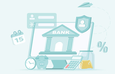 Online banking, digital wallet and account login concept. Elements of financial management, spending money, put password to access account. Flat vector design illustration.