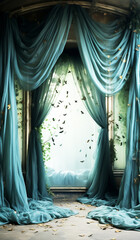 Old house with curtain floating on the floor and covered in flying butterflies. AI generated