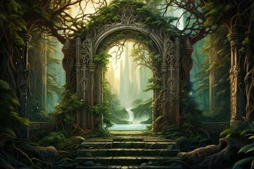 Illustration of a gateway to a fantasy world, revealing an unknown and enchanting realm. Generative AI