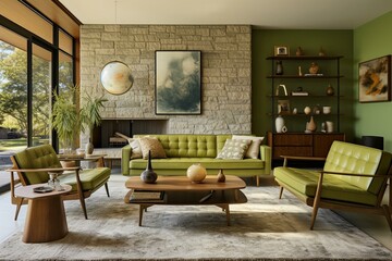 A sustainable moss green luxury mid century modern living room with staged furniture and spring home decor. Generative AI