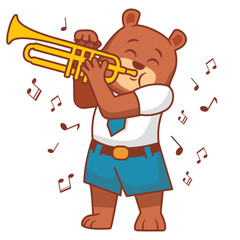 The bear plays the trumpet.Animal musician character.Line art vector illustration.Isolated on white background.