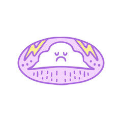 Sad cloud, rain and thunder, illustration for t-shirt, sticker, or apparel merchandise. With doodle, retro, groovy, and cartoon style.
