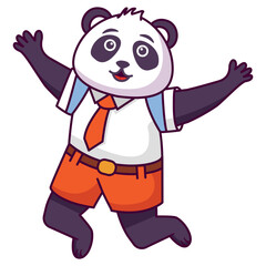 Cartoon panda going to school.A joyful cute lion cub in a school uniform with bag .Kid kawaii tropical animal go to school.Animalistic childish character.Cute animal student.Back to school.
