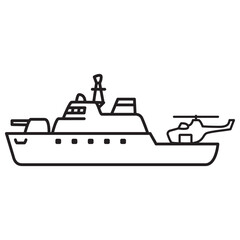 Military sea ship icon.Military boat.Navy battle ships.Outline vector illustration.Isolated on white background.Destroyer with helicopter. © dukesn