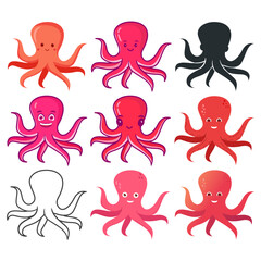 Set cute smiling octopus.Sea creatures .Sea life.Cute octopus cartoon.Aquatic fauna.Animal icon for zoo ad.Children book illustrating.Sea mollusk. © dukesn
