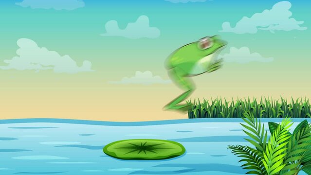 Green Frog Jumping In The Lotus Leaves