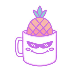 Cool mug character with pineapple fruit inside, illustration for t-shirt, sticker, or apparel merchandise. With doodle, retro, groovy, and cartoon style.