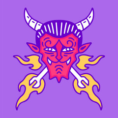 Devil head crossed wrench on fire, illustration for t-shirt, sticker, or apparel merchandise. With doodle, retro, groovy, and cartoon style.