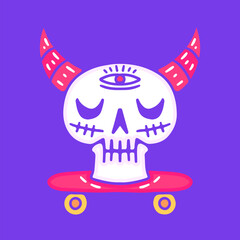Devil skull head on skateboard, illustration for t-shirt, sticker, or apparel merchandise. With doodle, retro, groovy, and cartoon style.