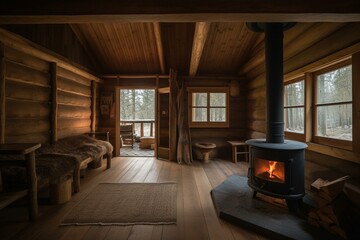 Fototapeta na wymiar Cozy wooden cabin with fireplace. Generative AI