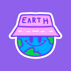 Cute earth planet character wearing bucket hat, illustration for t-shirt, sticker, or apparel merchandise. With doodle, retro, groovy, and cartoon style.