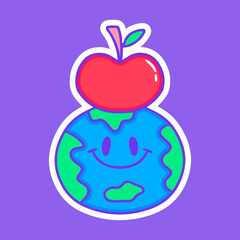 Cute earth planet character and apple fruit, illustration for t-shirt, sticker, or apparel merchandise. With doodle, retro, groovy, and cartoon style.