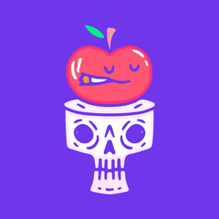 Skull head and smoking apple character, illustration for t-shirt, sticker, or apparel merchandise. With doodle, retro, groovy, and cartoon style.