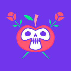 Apple skull with crossed roses, illustration for t-shirt, sticker, or apparel merchandise. With doodle, retro, groovy, and cartoon style.