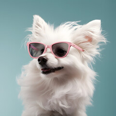 elegant shaggy white dog with sunglasses, modern design and light