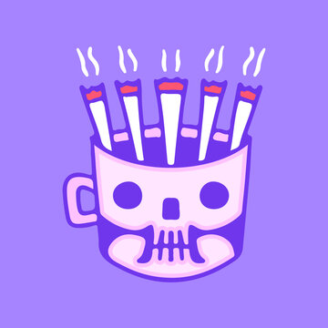 Skull mug with cigarette inside, illustration for t-shirt, sticker, or apparel merchandise. With doodle, retro, groovy, and cartoon style.