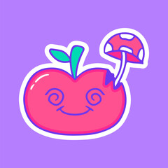 Broken apple fruit character with magic mushroom inside, illustration for t-shirt, sticker, or apparel merchandise. With doodle, retro, groovy, and cartoon style.